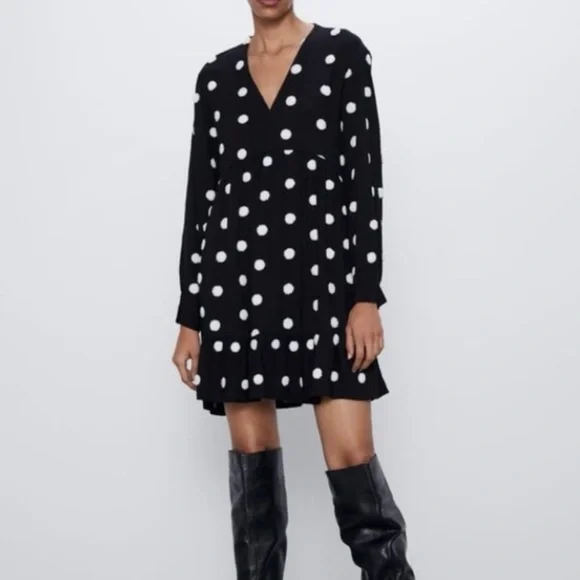 Zara Black and White Polka Dot Long Sleeve Dress - Picture 1 of 5